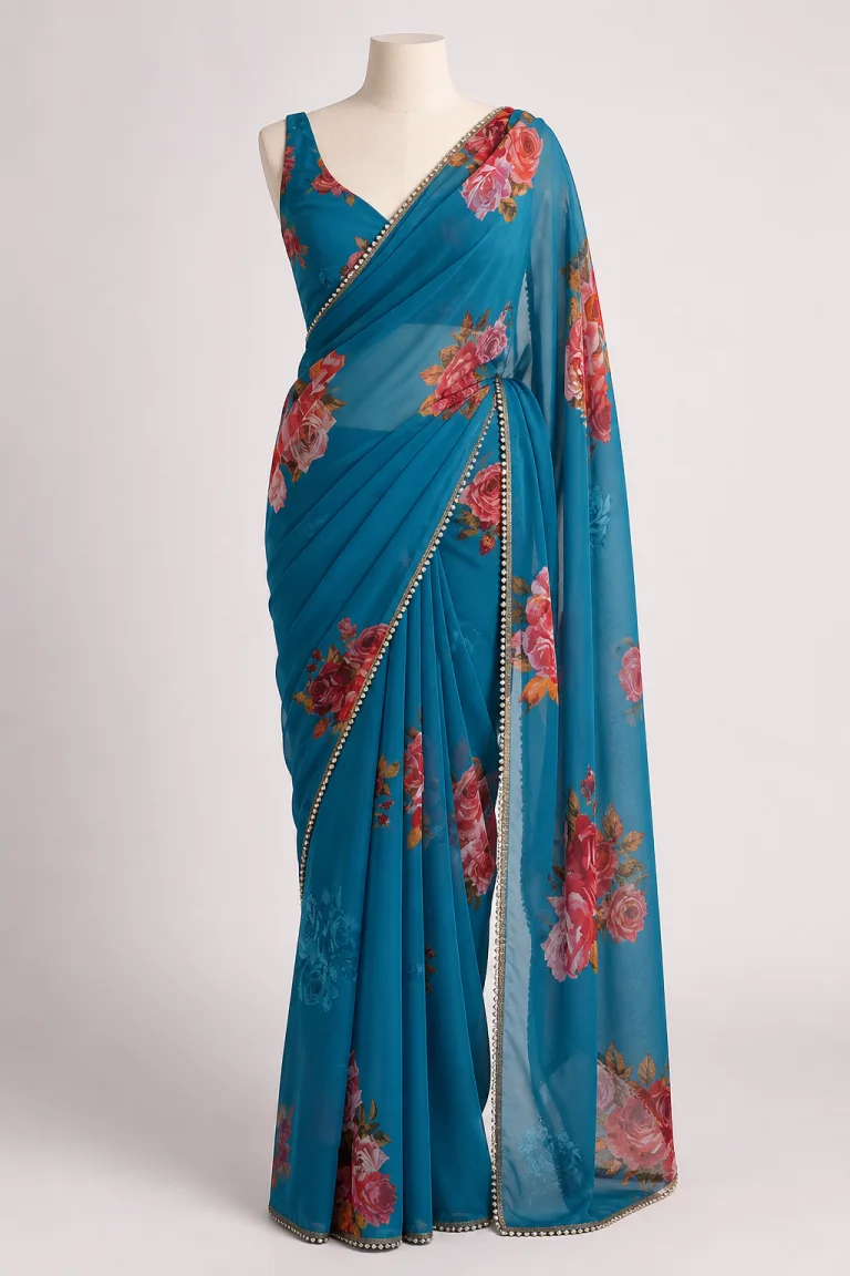 Teal Floral Saree before