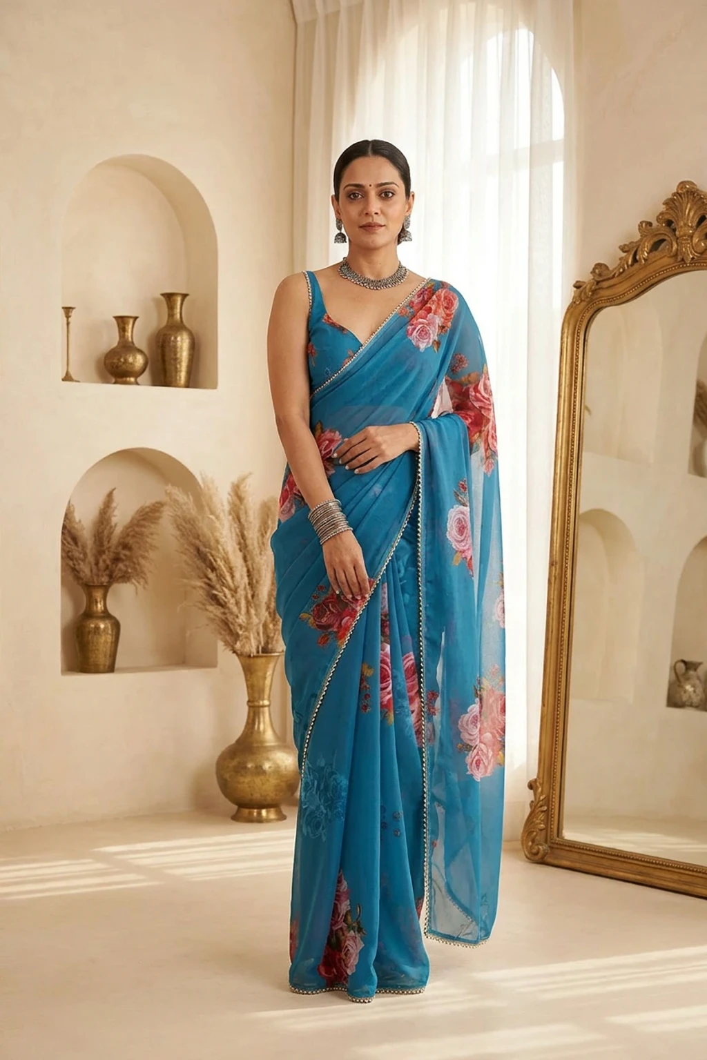 Teal Floral Saree look